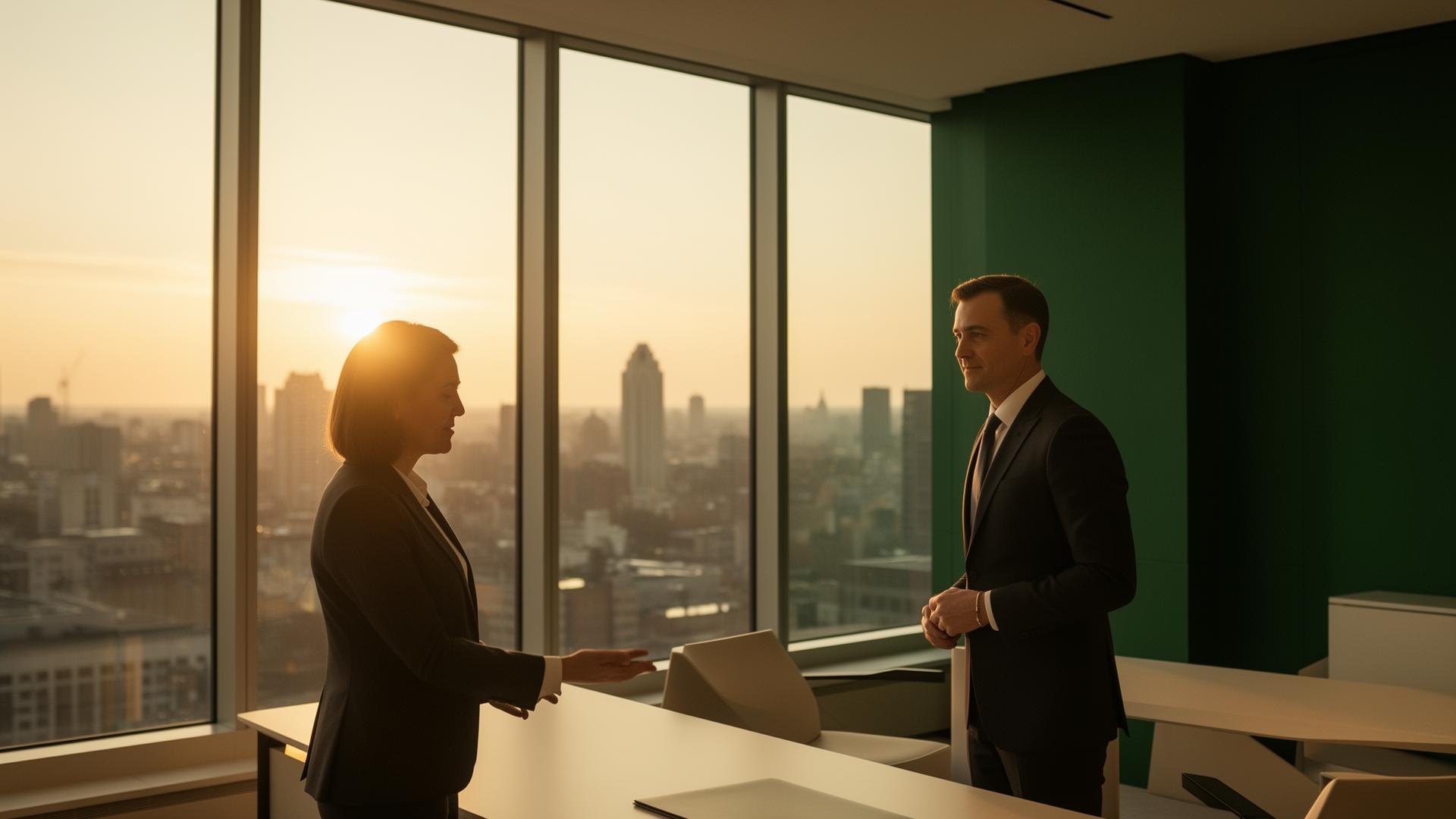 Two executives in a modern office discussing legacy wealth strategy
