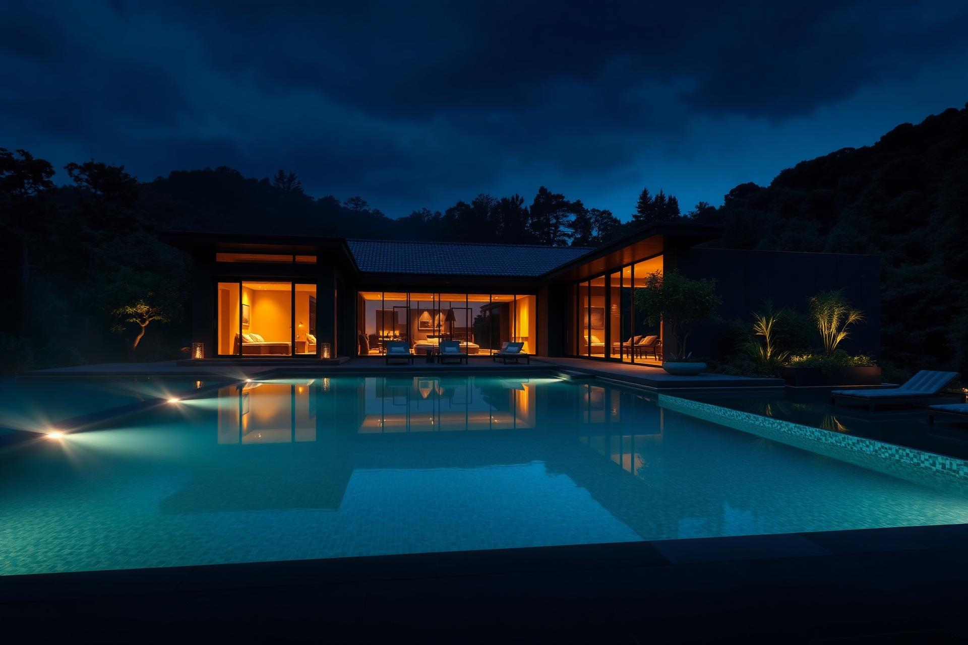 Luxury modern estate at dusk with infinity pool