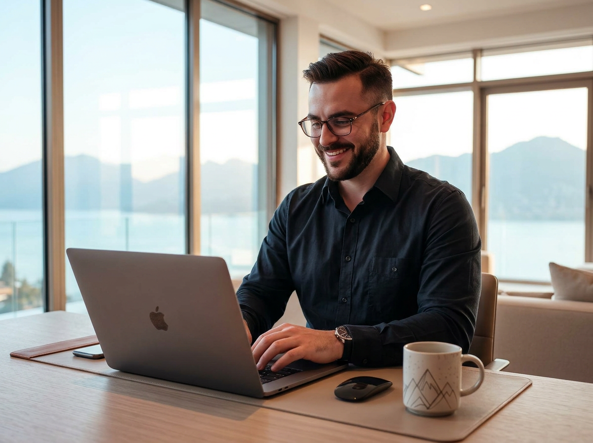 Tech professional working from a laptop at a modern desk with a mountain view