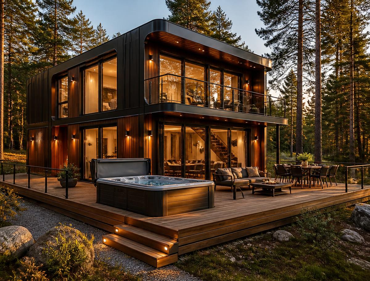 Exterior of a luxury movable modular cabin with wraparound deck and hot tub in a pine forest