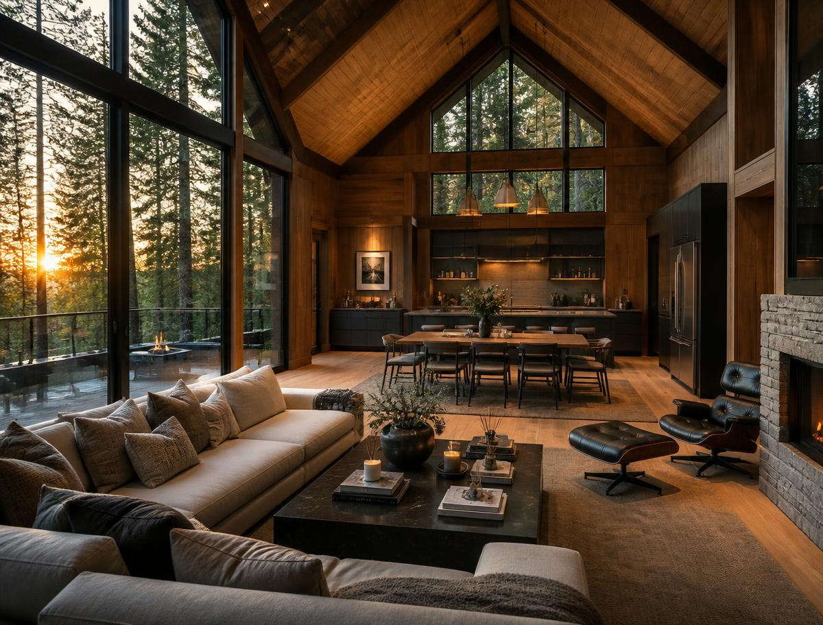 Interior of a luxury modular cabin with vaulted wood ceilings and forest views