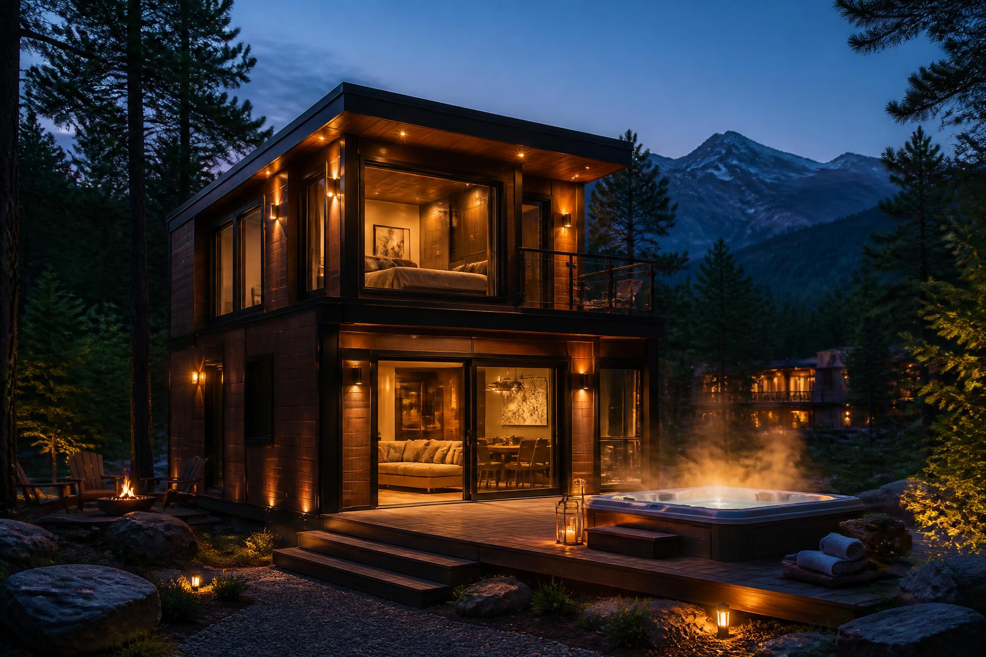 Luxury two-story movable modular cabin with outdoor hot tub at twilight in a mountain resort
